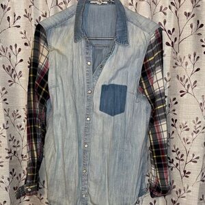 Light Blue Denim Shirt with Plaid Sleeves - Women’s medium